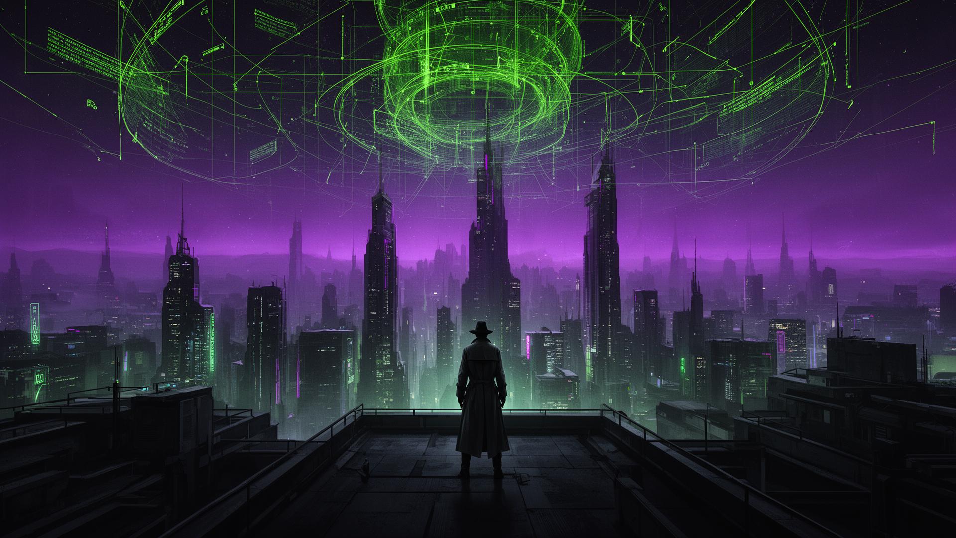 Gadget silhouette watching a cyberpunk city skyline with a green intelligence grid